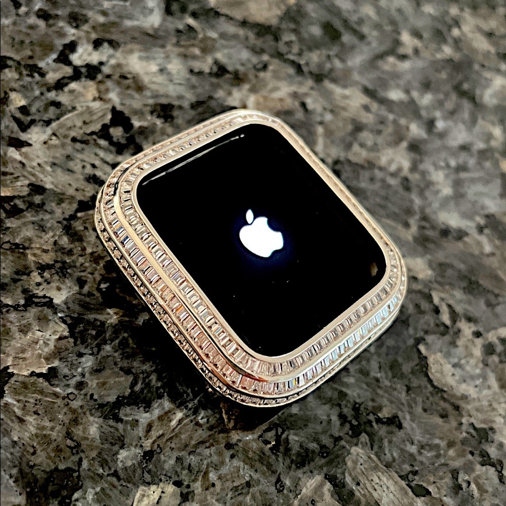 Apple Watch Case Cover, baguette channel set White gold Bezel Lab Diamond, 44mm